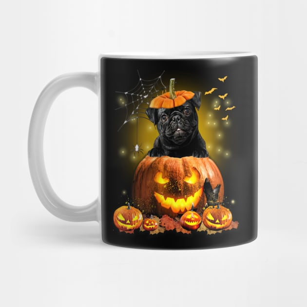 Black Pug Spooky Halloween Pumpkin Dog Head by Los Draws